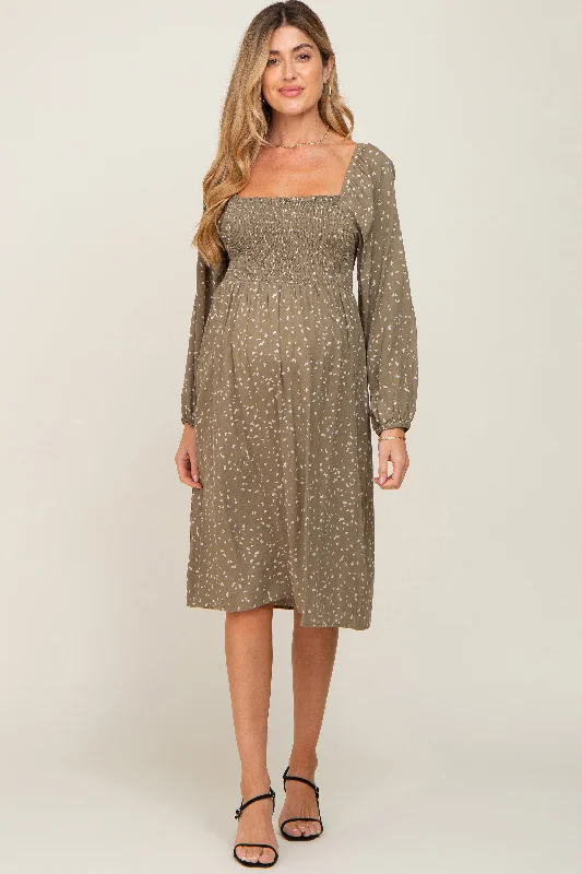 "Bodycon dresses for women to show off curves"Olive Printed Long Sleeve Maternity Midi Dress "Bodycon dresses for women to show off curves"Olive Printed Long Sleeve Maternity Midi Dress