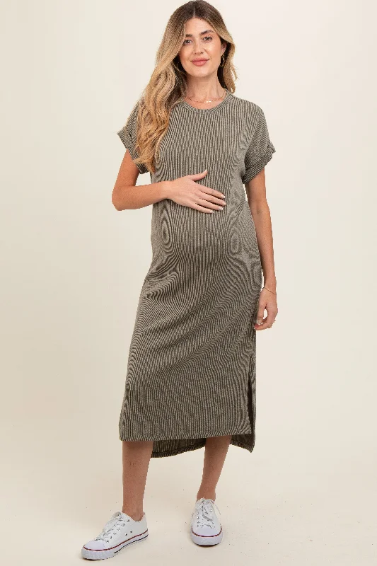 Clearance Sale: Women's Dresses Olive Ribbed Short Sleeve Maternity Midi Dress