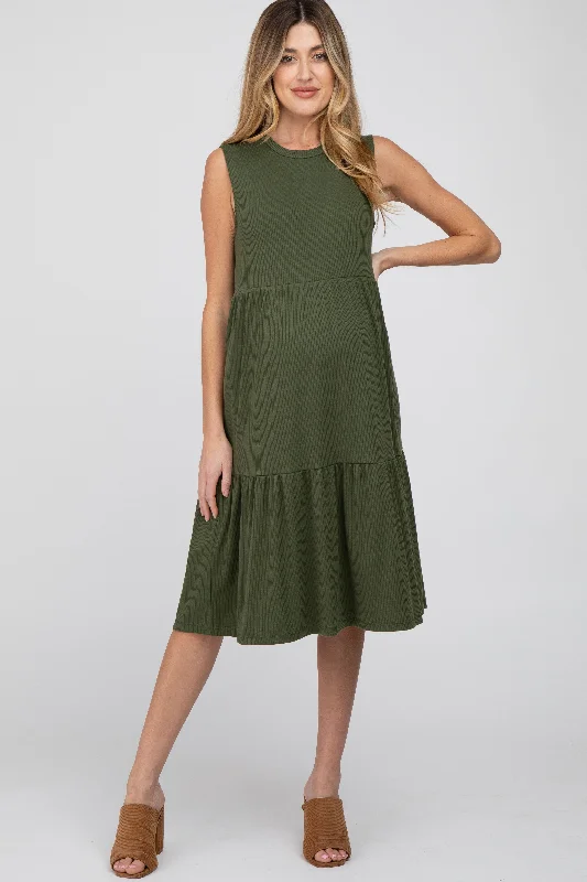 "Homecoming dresses for women to stand out"Olive Ribbed Tiered Maternity Midi Dress "Homecoming dresses for women to stand out"Olive Ribbed Tiered Maternity Midi Dress