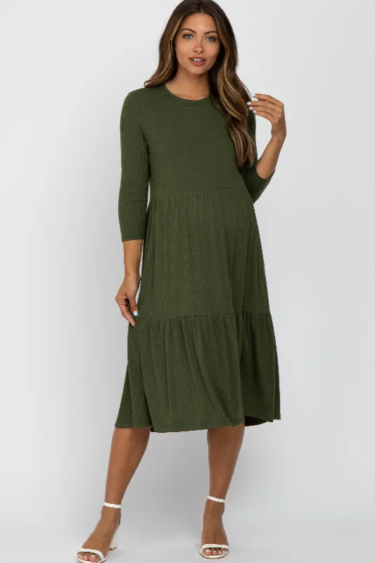 "Mother of the bride dresses for women in elegant styles"Olive Tiered Ribbed 3/4 Sleeve Maternity Midi Dress "Mother of the bride dresses for women in elegant styles"Olive Tiered Ribbed 3/4 Sleeve Maternity Midi Dress
