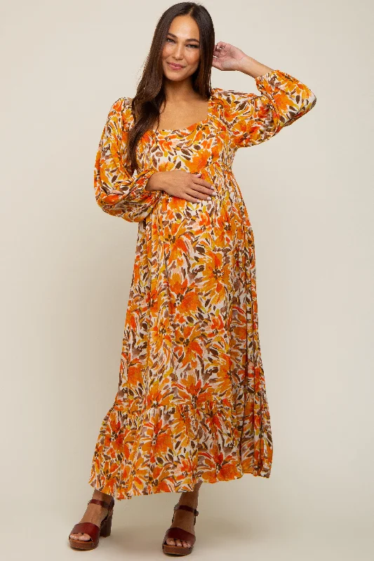 "Maxi dresses for women to wear in the fall"Orange Floral 3/4 Sleeve Maternity Midi Dress "Maxi dresses for women to wear in the fall"Orange Floral 3/4 Sleeve Maternity Midi Dress