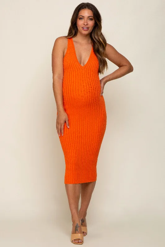 "Satin dresses for women for a luxurious appearance"Orange Ribbed Knit Fitted V-Neck Maternity Midi Dress "Satin dresses for women for a luxurious appearance"Orange Ribbed Knit Fitted V-Neck Maternity Midi Dress