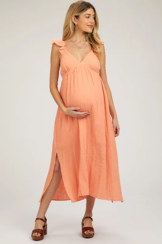 "Denim dresses for women for a casual and cool style"Orange Ruffle Strap Maternity Midi Dress "Denim dresses for women for a casual and cool style"Orange Ruffle Strap Maternity Midi Dress