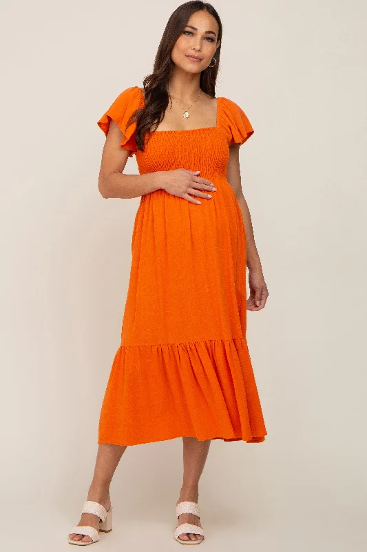 "Striped dresses for women with a classic touch"Orange Smocked Ruffle Hem Maternity Midi Dress "Striped dresses for women with a classic touch"Orange Smocked Ruffle Hem Maternity Midi Dress