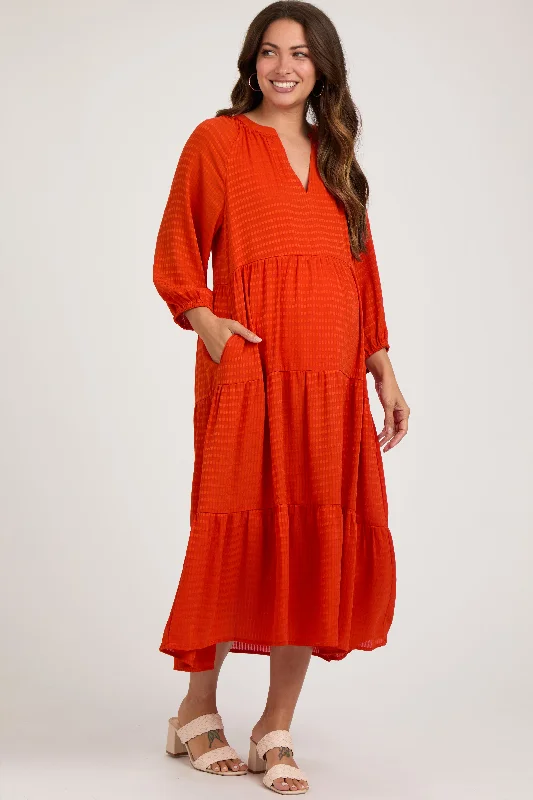 "Boho wedding dresses for women for a free - spirited vibe"Orange Textured Tiered Maternity Midi Dress "Boho wedding dresses for women for a free - spirited vibe"Orange Textured Tiered Maternity Midi Dress
