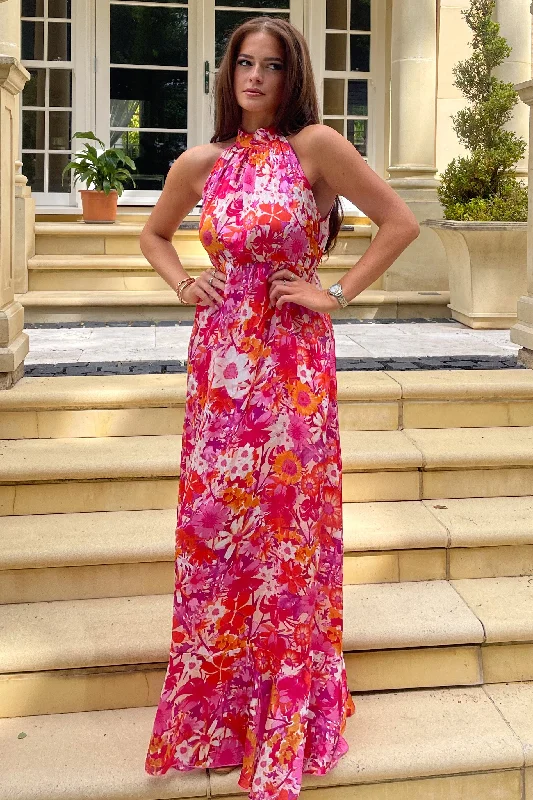 "Maxi dresses for women to wear in the fall"Paloma Pink Floral Tie Neck Maxi Dress