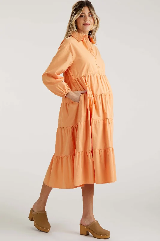 "Simple wedding dresses for women who prefer understated elegance"Peach Tiered Collared Maternity Midi Dress "Simple wedding dresses for women who prefer understated elegance"Peach Tiered Collared Maternity Midi Dress