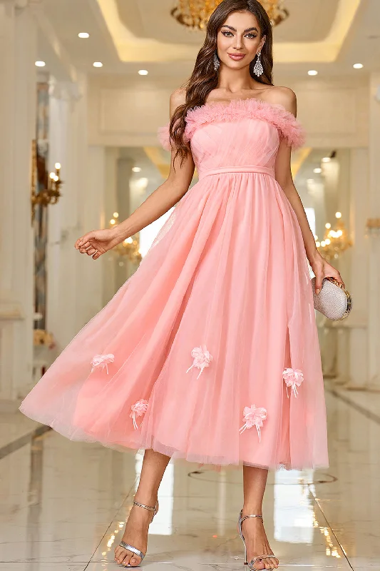 "Petite women's dresses with flattering fits"Pink A Line Off The Shoulder Prom Dress with Lace Up Back "Petite women's dresses with flattering fits"Pink A Line Off The Shoulder Prom Dress with Lace Up Back