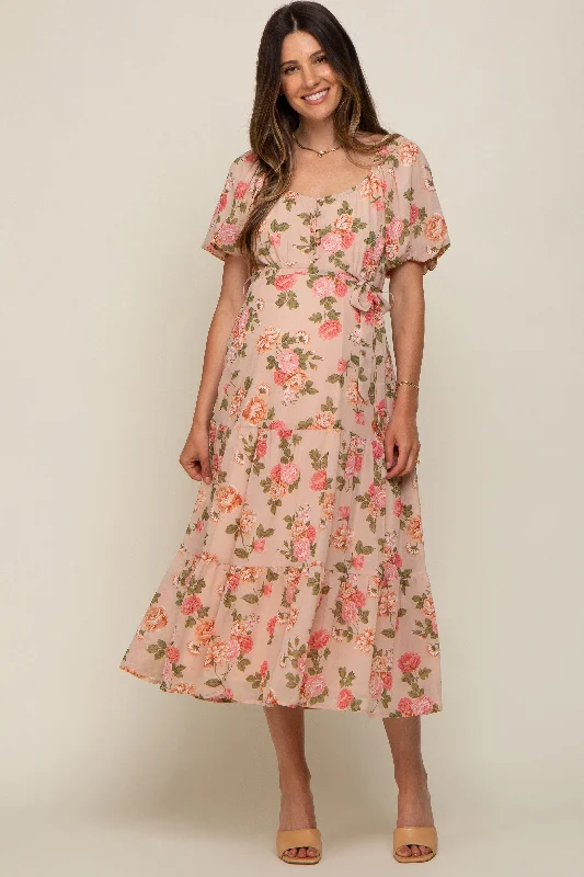 "Plus size wedding dresses for women with a perfect fit"Pink Floral Button Puff Sleeve Maternity Midi Dress "Plus size wedding dresses for women with a perfect fit"Pink Floral Button Puff Sleeve Maternity Midi Dress