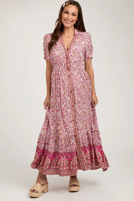 "Off - shoulder dresses for women to show off collarbones"Pink Floral Button Up Maternity Midi Dress "Off - shoulder dresses for women to show off collarbones"Pink Floral Button Up Maternity Midi Dress