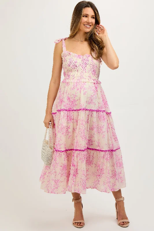 "Bohemian - style women's dresses for music festivals"Pink Floral Sleeveless Ruffle Tiered Maternity Midi Dress "Bohemian - style women's dresses for music festivals"Pink Floral Sleeveless Ruffle Tiered Maternity Midi Dress