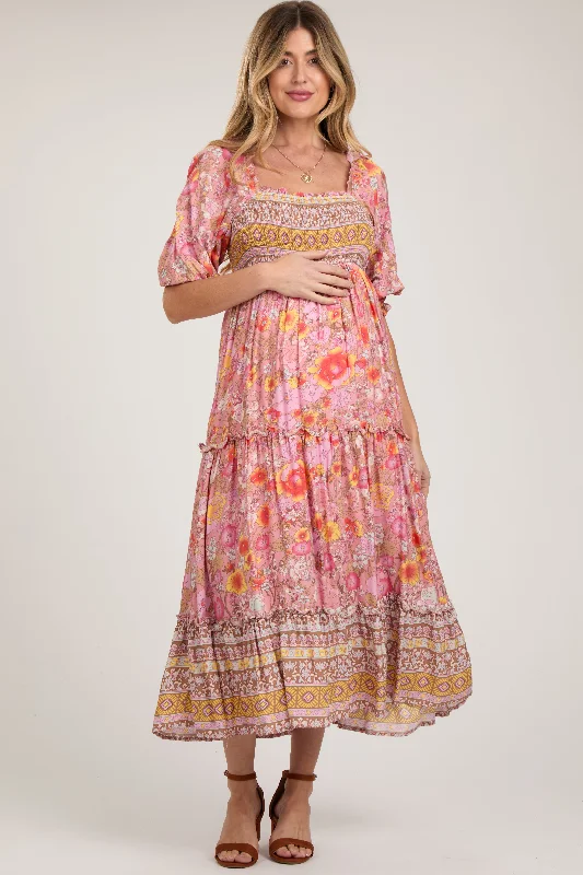 "VIP Sale: Extra 15% Off on Women's Dresses for Our Loyal Customers"Pink Floral Smocked Half-Length Sleeves Maternity Midi Dress "VIP Sale: Extra 15% Off on Women's Dresses for Our Loyal Customers"Pink Floral Smocked Half-Length Sleeves Maternity Midi Dress