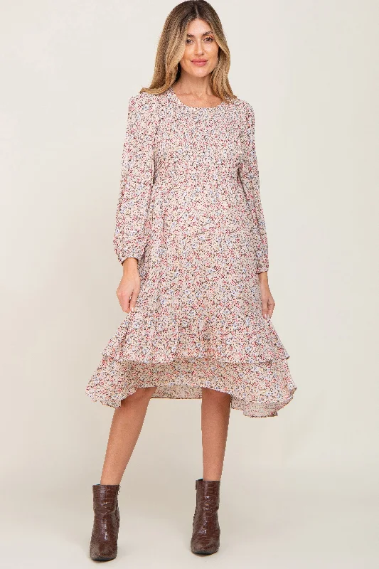 "Wrap dresses for women for an adjustable fit"Pink Floral Smocked Long Sleeve Maternity Midi Dress