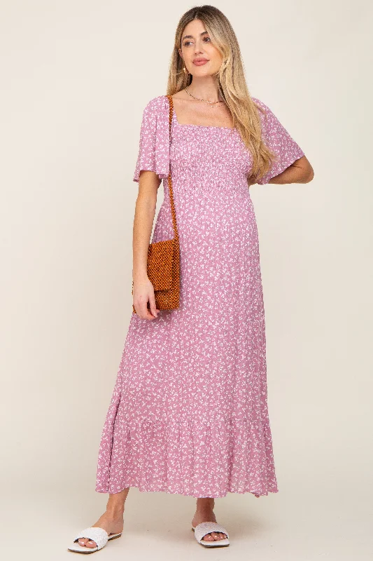 "Long sleeve dresses for women in cold weather"Pink Floral Smocked Maternity Midi Dress