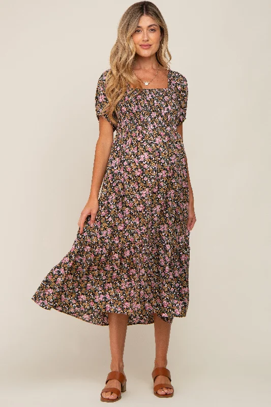 "Affordable plus size women's summer dresses"Pink Floral Smocked Puff Sleeve Maternity Midi Dress "Affordable plus size women's summer dresses"Pink Floral Smocked Puff Sleeve Maternity Midi Dress