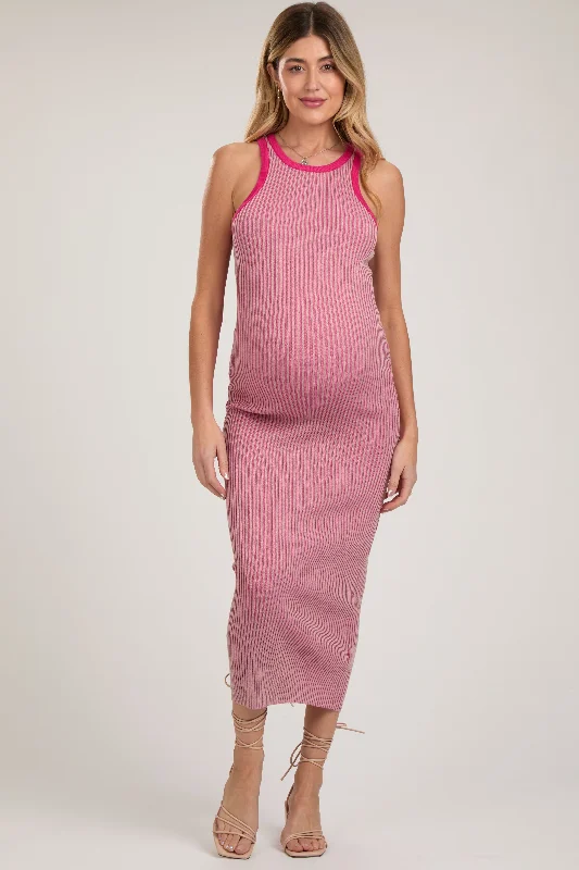 "Comfortable maternity dresses for pregnant women"Pink Ribbed Knit Sleeveless Fitted Maternity Midi Dress