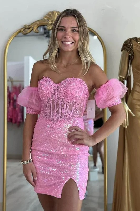 "Mermaid - style wedding dresses for women for a dramatic look"Pink Strapless Applique Bodycon Homecoming Dress wiith Sleeves PD542 "Mermaid - style wedding dresses for women for a dramatic look"Pink Strapless Applique Bodycon Homecoming Dress wiith Sleeves PD542