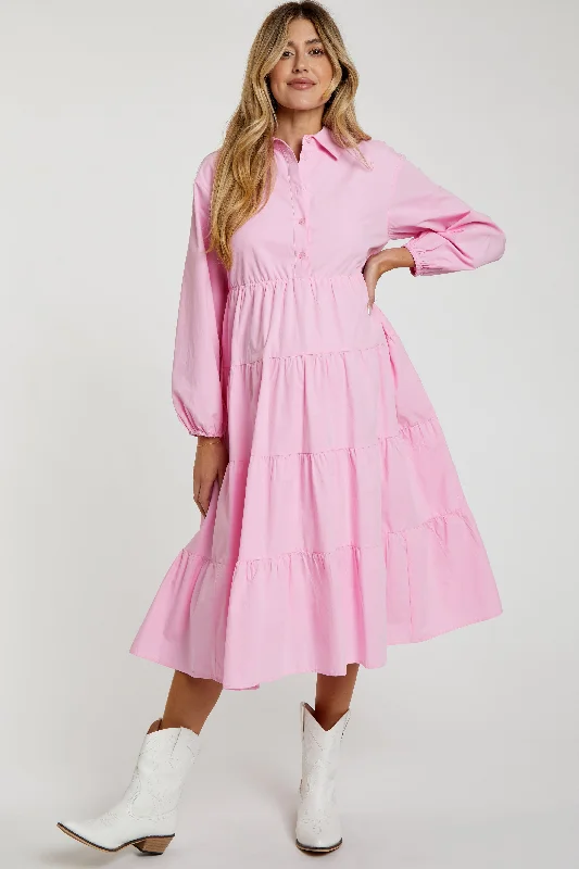 "Plus size wedding dresses for women with a perfect fit"Pink Tiered Collared Maternity Midi Dress "Plus size wedding dresses for women with a perfect fit"Pink Tiered Collared Maternity Midi Dress