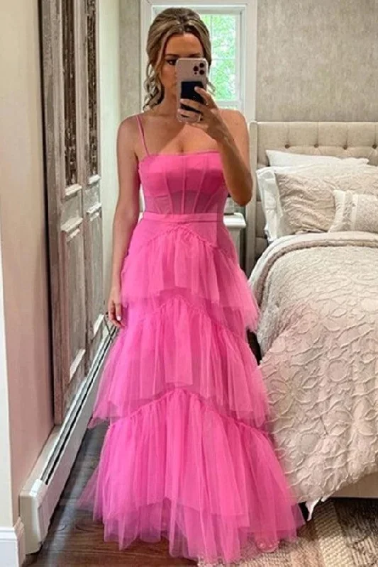 "Red dresses for women to make a bold statement"Princess A-line Hot Pink Tiered Tulle Long Prom Dress Evening Dress PSK312 "Red dresses for women to make a bold statement"Princess A-line Hot Pink Tiered Tulle Long Prom Dress Evening Dress PSK312