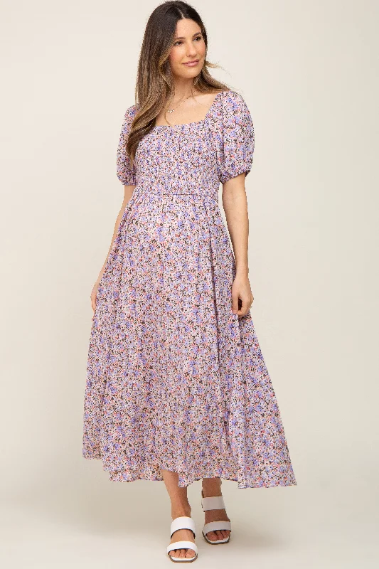 "Short dresses for women for a night out clubbing"Purple Abstract Floral Smocked Maternity Midi Dress "Short dresses for women for a night out clubbing"Purple Abstract Floral Smocked Maternity Midi Dress