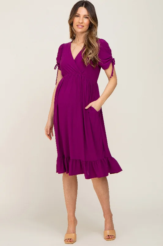 "Petite women's dresses with flattering fits"Purple Cinched Sleeve Maternity Midi Dress "Petite women's dresses with flattering fits"Purple Cinched Sleeve Maternity Midi Dress