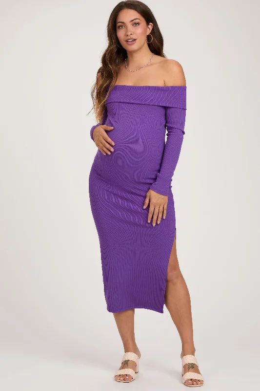 "Mermaid - style wedding dresses for women for a dramatic look"Purple Ribbed Off Shoulder Side Slit Maternity Midi Dress "Mermaid - style wedding dresses for women for a dramatic look"Purple Ribbed Off Shoulder Side Slit Maternity Midi Dress