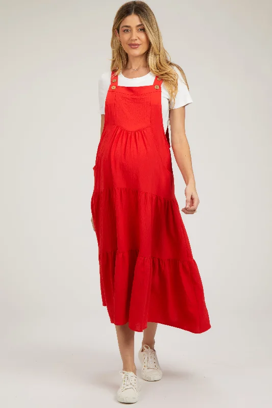 "Lace dresses for women for a romantic and elegant look"Red Button Sling Tiered Maternity Midi Dress "Lace dresses for women for a romantic and elegant look"Red Button Sling Tiered Maternity Midi Dress