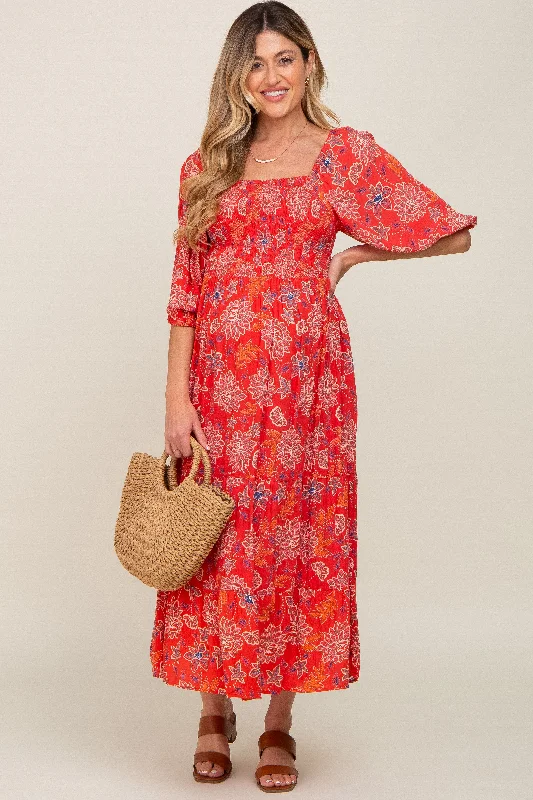 "Plus size wedding dresses for women with a perfect fit"Red Floral Smocked Square Neck Tiered Maternity Midi Dress "Plus size wedding dresses for women with a perfect fit"Red Floral Smocked Square Neck Tiered Maternity Midi Dress