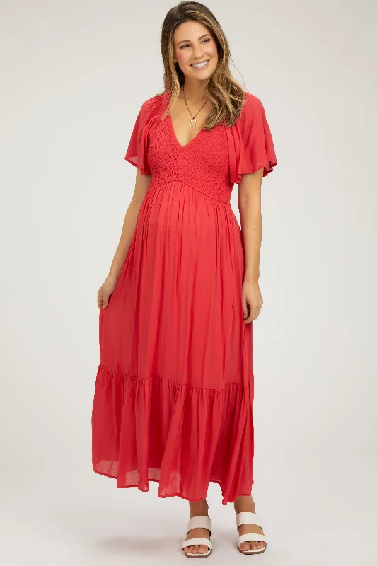 "Maxi dresses for women to wear in the fall"Red Smocked Flutter Sleeve Maternity Midi Dress "Maxi dresses for women to wear in the fall"Red Smocked Flutter Sleeve Maternity Midi Dress