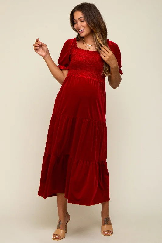"Stylish cocktail dresses for women on a budget"Red Velvet Tiered Maternity Midi Dress "Stylish cocktail dresses for women on a budget"Red Velvet Tiered Maternity Midi Dress