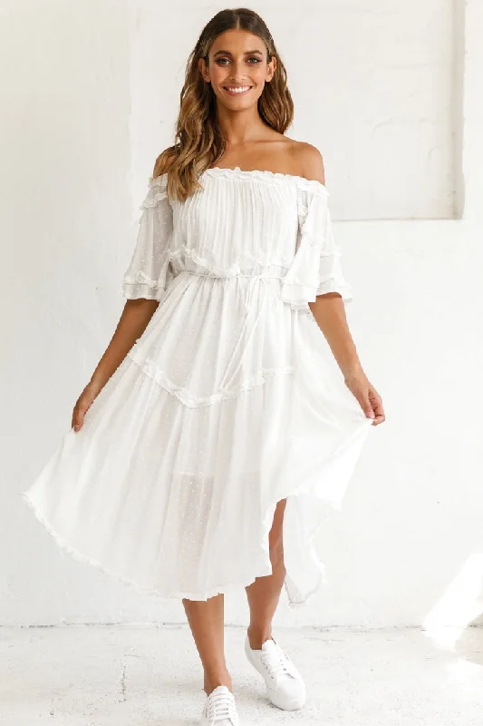 "Mother of the bride dresses for women in elegant styles"Renoir Off-Shoulder Frill Trim Midi Dress White "Mother of the bride dresses for women in elegant styles"Renoir Off-Shoulder Frill Trim Midi Dress White