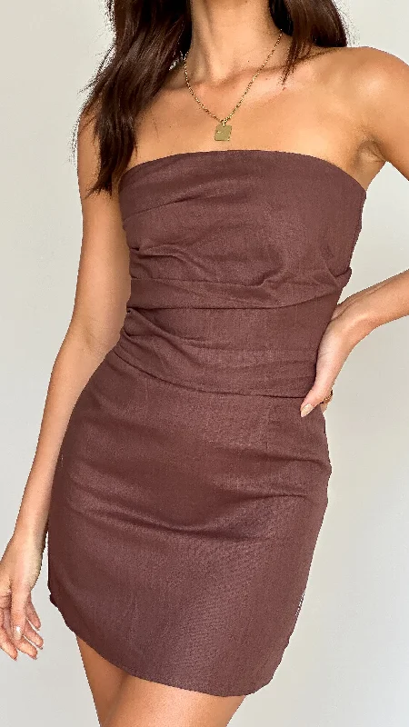 "Off - shoulder dresses for women to show off collarbones"Romi Linen Dress - Chocolate "Off - shoulder dresses for women to show off collarbones"Romi Linen Dress - Chocolate