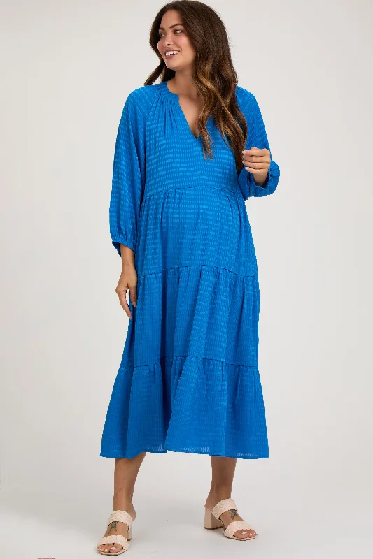 "Sequined dresses for women to shine at parties"Royal Textured Tiered Maternity Midi Dress "Sequined dresses for women to shine at parties"Royal Textured Tiered Maternity Midi Dress