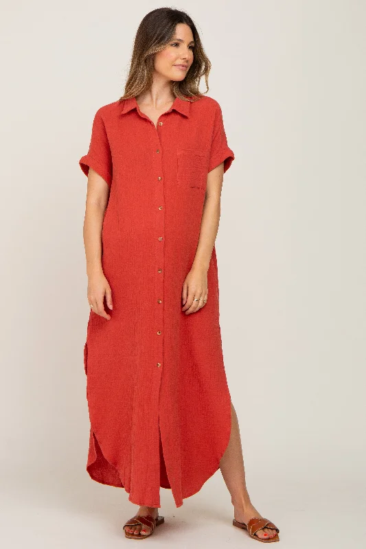 "Petite women's dresses with flattering fits"Rust Button Down Maternity Midi Dress