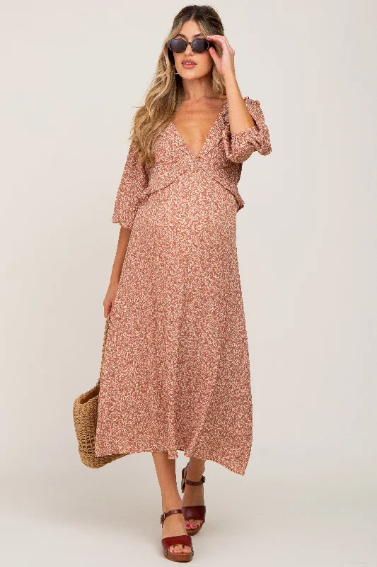 "Short dresses for women for a night out clubbing"Rust Floral Ruffle V-Neck Maternity Midi Dress "Short dresses for women for a night out clubbing"Rust Floral Ruffle V-Neck Maternity Midi Dress