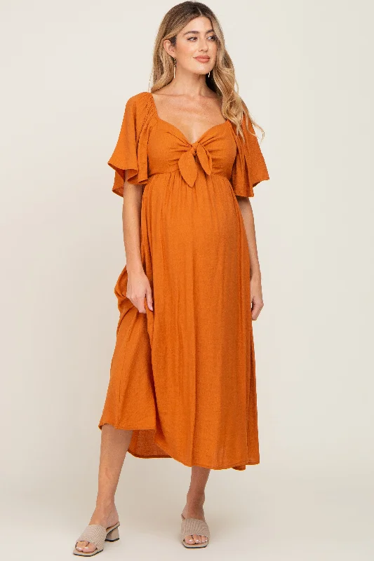 "Graduation dresses for women to celebrate in style"Rust Front Tie Ruffle Sleeve Maternity Midi Dress "Graduation dresses for women to celebrate in style"Rust Front Tie Ruffle Sleeve Maternity Midi Dress