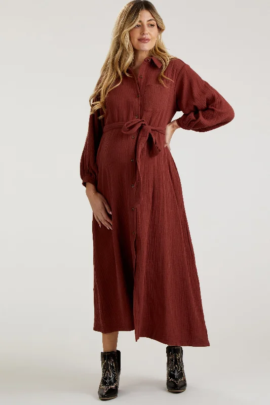 "Homecoming dresses for women to stand out"Rust Gauze Belted Shirt Maternity Midi Dress "Homecoming dresses for women to stand out"Rust Gauze Belted Shirt Maternity Midi Dress