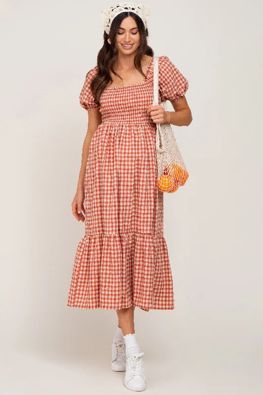 "Plus size formal dresses for women for special events"Rust Gingham Smocked Maternity Midi Dress "Plus size formal dresses for women for special events"Rust Gingham Smocked Maternity Midi Dress