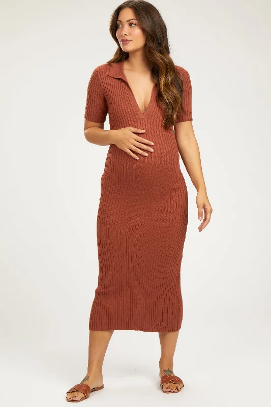 "Short dresses for women for a night out clubbing"Rust Ribbed Collared V-Neck Maternity Midi Dress "Short dresses for women for a night out clubbing"Rust Ribbed Collared V-Neck Maternity Midi Dress