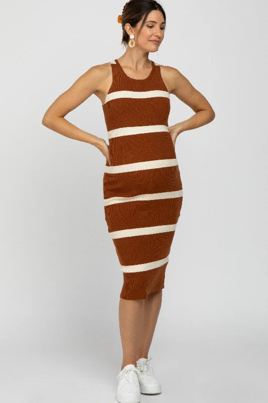 "Boho wedding dresses for women for a free - spirited vibe"Rust Striped Sleeveless Sweater Maternity Midi Dress "Boho wedding dresses for women for a free - spirited vibe"Rust Striped Sleeveless Sweater Maternity Midi Dress