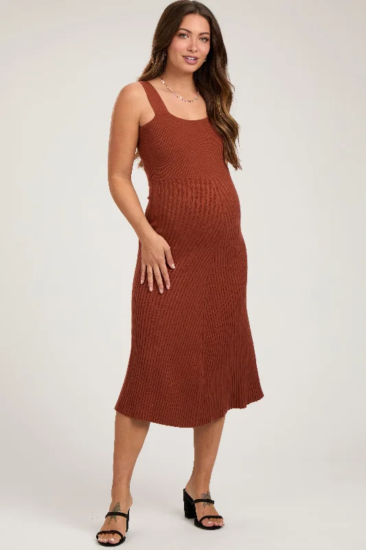 "A - line dresses for women to flatter the figure"Rust Sweater Knit A-Line Maternity Midi Dress "A - line dresses for women to flatter the figure"Rust Sweater Knit A-Line Maternity Midi Dress