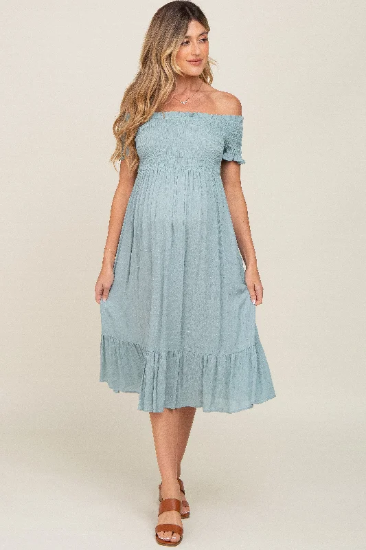 "Mermaid - style wedding dresses for women for a dramatic look"Sage Off Shoulder Smocked Maternity Midi Dress "Mermaid - style wedding dresses for women for a dramatic look"Sage Off Shoulder Smocked Maternity Midi Dress