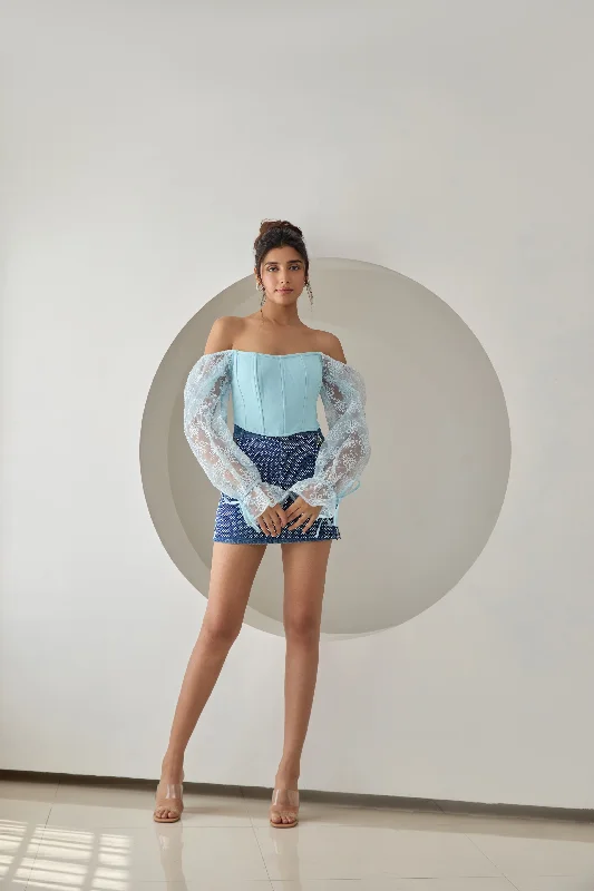 "Mother of the groom dresses for women in sophisticated designs"Sasha Baby Blue Embroidered Organza Sleeve Corset Top "Mother of the groom dresses for women in sophisticated designs"Sasha Baby Blue Embroidered Organza Sleeve Corset Top
