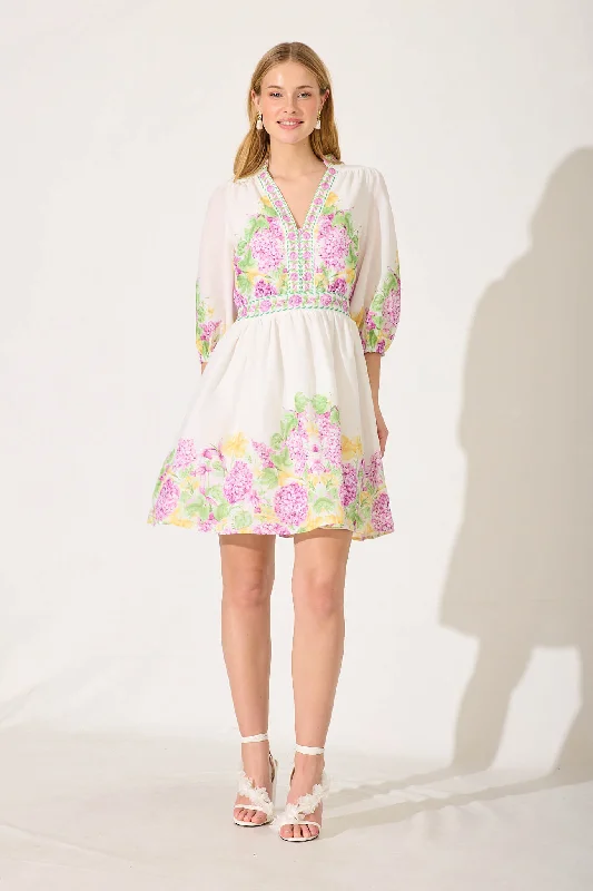 "Boho wedding dresses for women for a free - spirited vibe"Sausalito Dress In Lilac Multi Floral Linen Blend "Boho wedding dresses for women for a free - spirited vibe"Sausalito Dress In Lilac Multi Floral Linen Blend