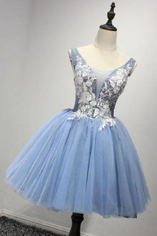 "VIP Sale: Extra 15% Off on Women's Dresses for Our Loyal Customers"Scoop Short Blue Tulle Homecoming Dress Party Dresses with Appliques PG122 "VIP Sale: Extra 15% Off on Women's Dresses for Our Loyal Customers"Scoop Short Blue Tulle Homecoming Dress Party Dresses with Appliques PG122