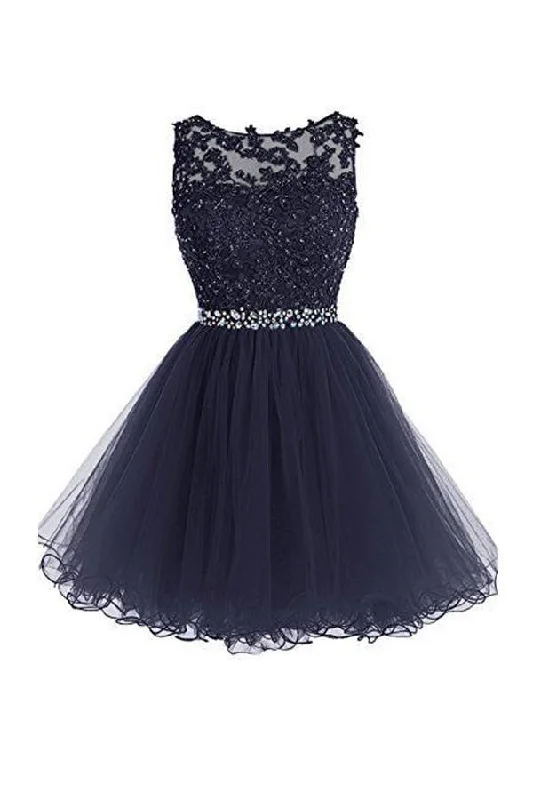 "Petite women's dresses with flattering fits"Scoop Short Nave Blue Zipper-up Tulle Homecoming Dress With Beading PG096 "Petite women's dresses with flattering fits"Scoop Short Nave Blue Zipper-up Tulle Homecoming Dress With Beading PG096