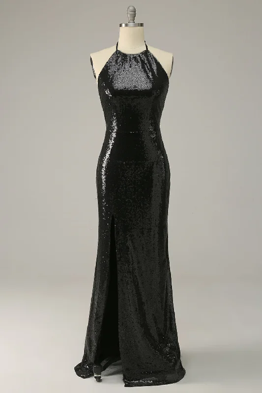 "Maxi dresses for women to wear in the fall"Sheath Halter Black Sequins Plus Size Prom Dress with Open Back "Maxi dresses for women to wear in the fall"Sheath Halter Black Sequins Plus Size Prom Dress with Open Back