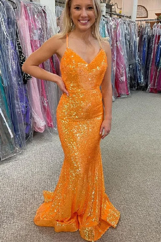 "Ruffled dresses for women for added femininity"Sparkle Orange Sequin Mermaid Long Prom Formal Dress PSK283 "Ruffled dresses for women for added femininity"Sparkle Orange Sequin Mermaid Long Prom Formal Dress PSK283