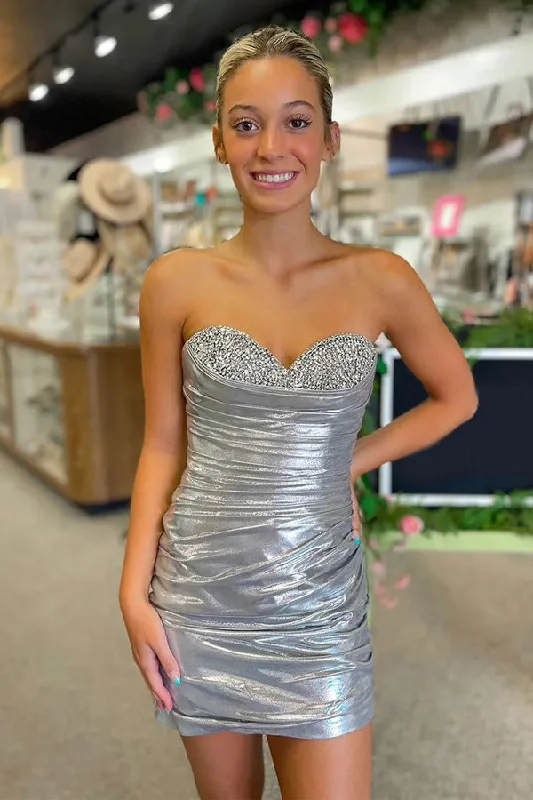 "Bundle and Save: Buy Multiple Women's Dresses and Get a Discount"Sparkly Beaded Strapless Tight Satin Silver Homecoming Dress PD536 "Bundle and Save: Buy Multiple Women's Dresses and Get a Discount"Sparkly Beaded Strapless Tight Satin Silver Homecoming Dress PD536
