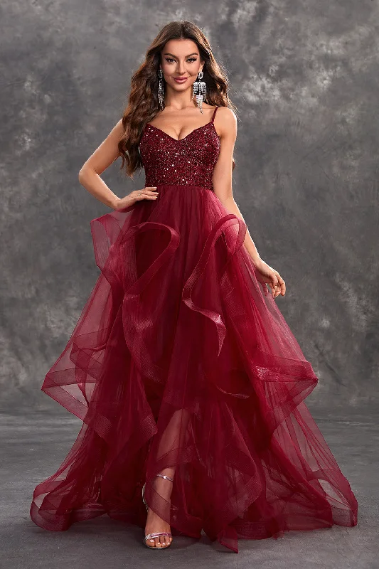"Graduation dresses for women to celebrate in style"Sparkly Burgundy A Line Ruffle Tiered Long Prom Dress with Sequins "Graduation dresses for women to celebrate in style"Sparkly Burgundy A Line Ruffle Tiered Long Prom Dress with Sequins